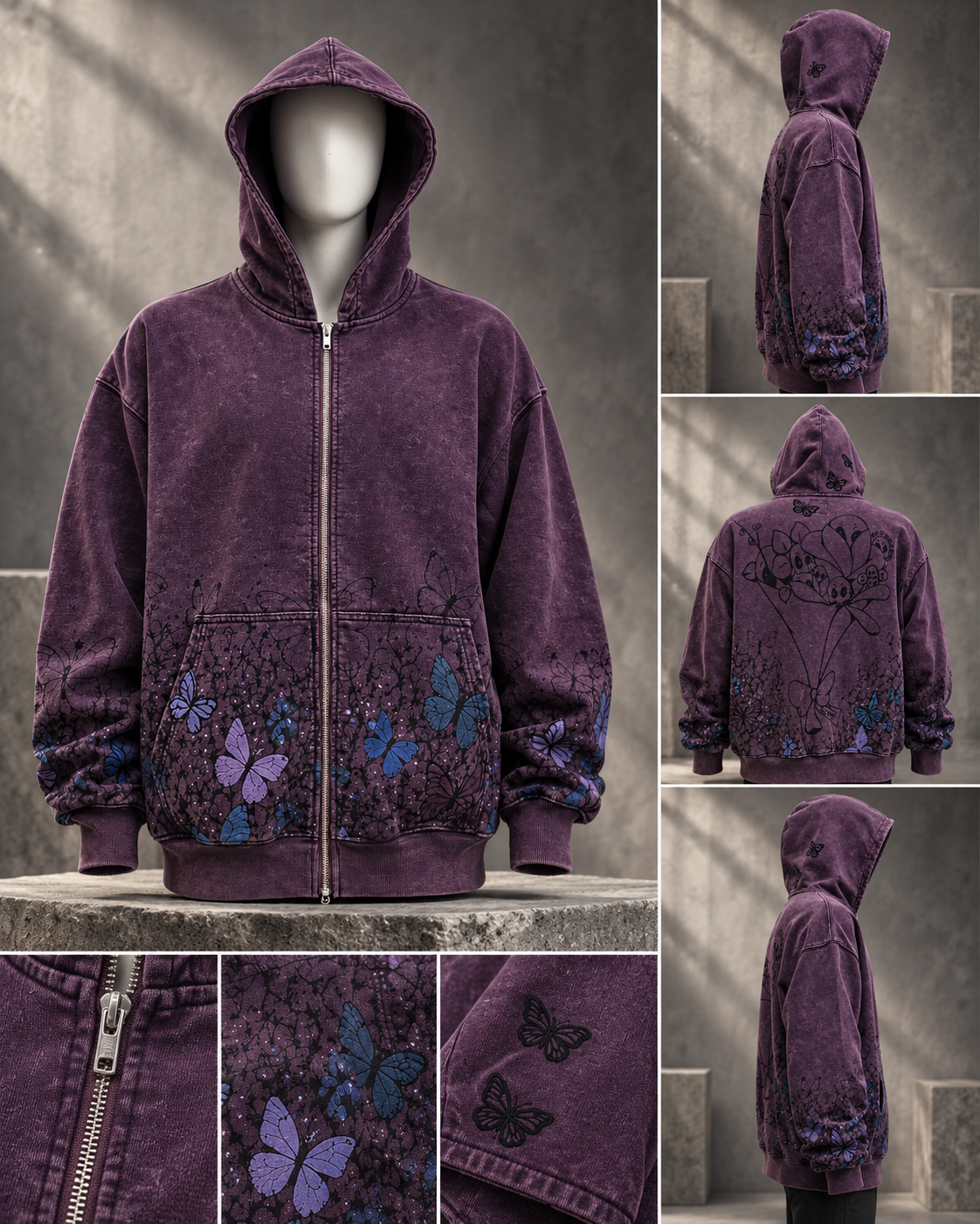 Butterfly Garden Heavyweight Zip Hoodie – Deep Purple